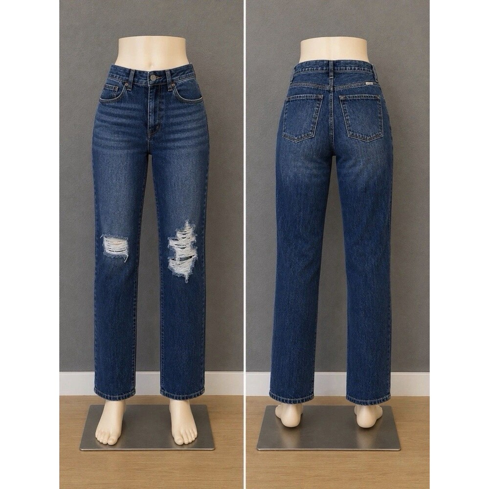 Kancan Women 7/27 High Rise Distressed Straight Leg Y2K Grunge Button Fly Jeans